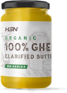 Tarro de ghee orgánico 100% HSN en frasco de vidrio con tapa negra y contenido amarillo 61bbbnzWEqS. AC SL1500