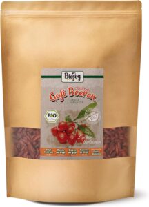 Bolsa kraft resealable con etiqueta Biojoy y bayas rojas de goji visibles, sello BIO 81KLPS7DOIL. AC SL1500