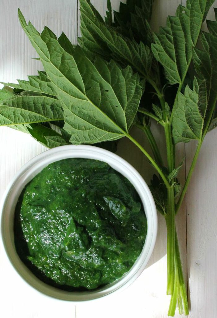 Puré verde espeso en un bol blanco junto a hojas verdes frescas, agua consciente 2.