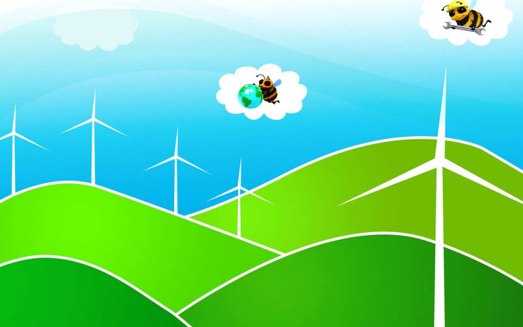 Ilustración de colinas verdes, aerogeneradores y abejas representando soluciones ambientales 2.