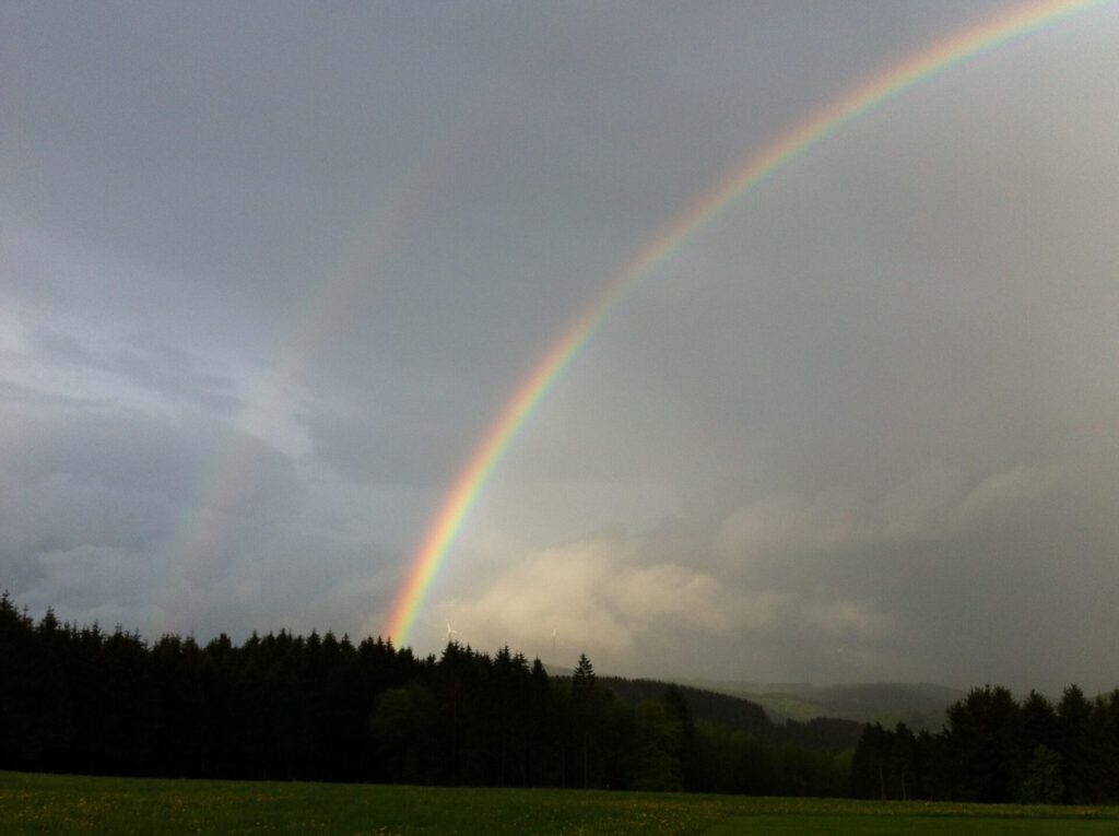 Arcoíris doble sobre pradera y bosque bajo un cielo nublado, clima 2