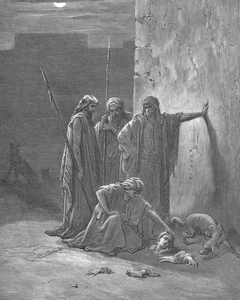 Comparativa visual de un grabado en blanco y negro que muestra figuras con lanzas observando una cabeza y extremidades en el suelo