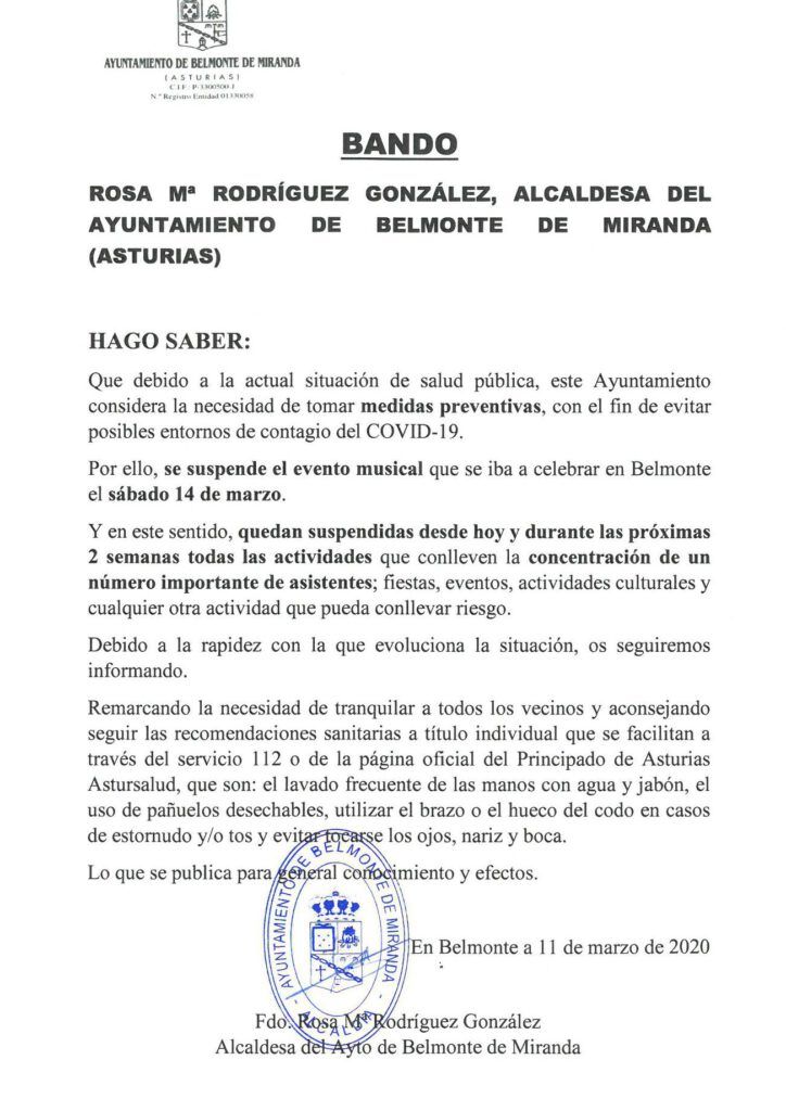 Bando municipal que comunica consejos preventivos y suspensión de eventos por COVID-19