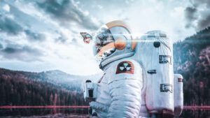 Astronauta frente a un lago montañoso con una mariposa en el casco como metáfora de contaminacion agua informacion