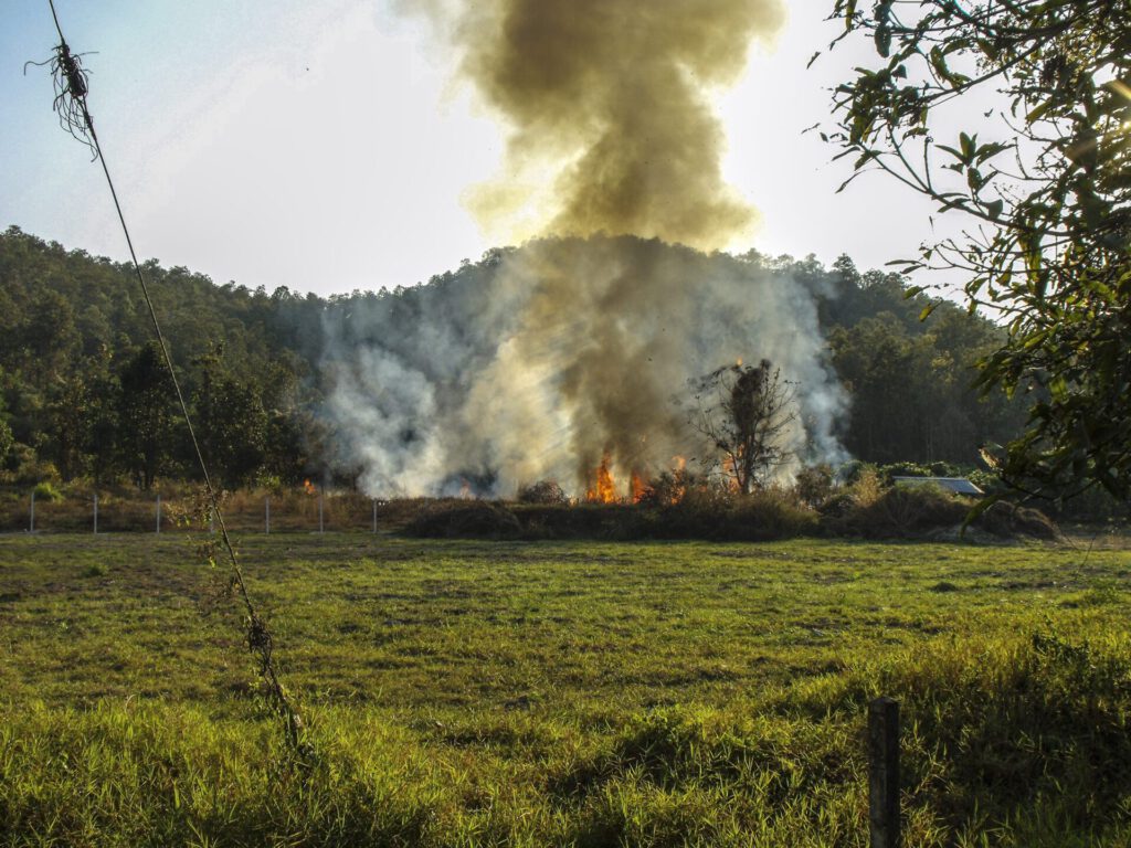 Humo y llamas por quema de maleza en campo generando contaminantes del aire