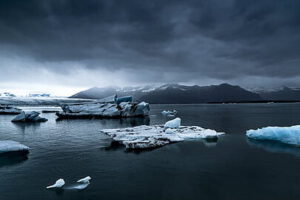 Laguna con glaciares derretidos y témpanos sobre agua oscura