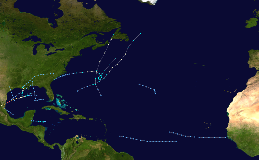 Mapa satelital del Atlántico con trayectorias de ciclones y huracanes ilustrativa y clara