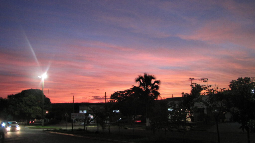 Infografia ilustrativa de un atardecer urbano con cielo rosado, siluetas de árboles, palmera y farolas encendidas.
