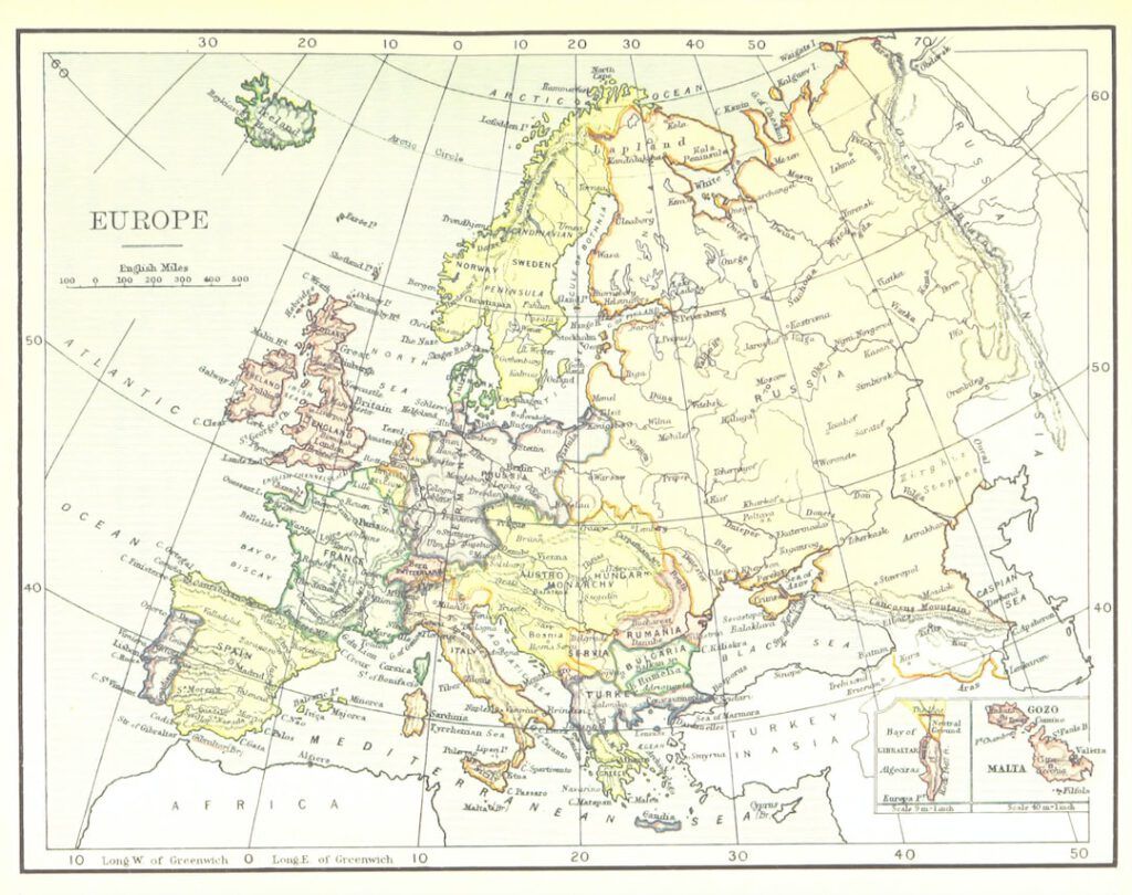 Mapa antiguo de Europa que muestra fronteras y topónimos donde los paises lideres en energia solar encabeza lista como referencia visual