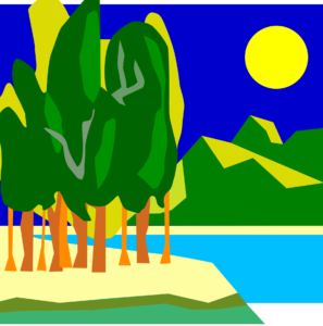 Ilustración estilizada de naturaleza con bosque junto a un lago y montañas al sol.