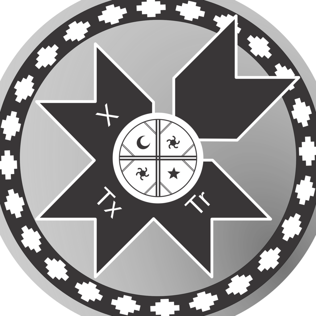 Emblema circular monocromo con estrella de ocho puntas y motivos interiores que evoca naturaleza colaborativa y unión