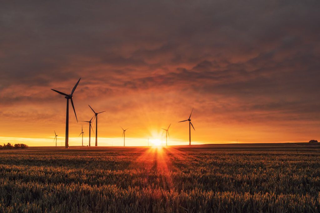 Parque eólico al amanecer que ilustra proyectos energias renovables exitosos red electrica mundial en un paisaje agrícola.