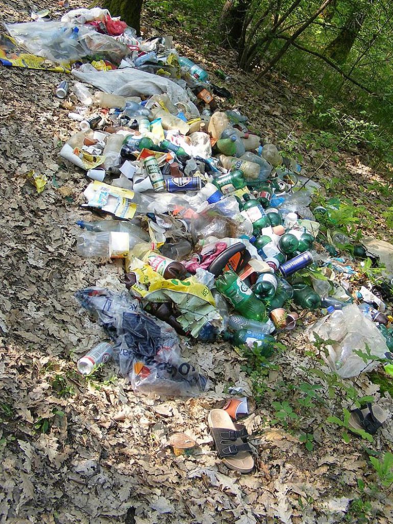 Acumulación de botellas y residuos en un bosque que evidencia la necesidad de reciclaje y seguridad ambiental.