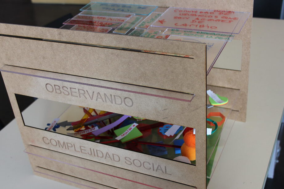 Maqueta de madera con piezas coloridas y textos 'Observando' y 'Complejidad Social' ilustrando sostenibilidad 23