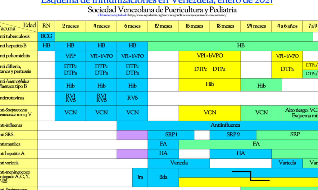 Tabla colorida que muestra un esquema de vacunas por edades y dosis recomendadas