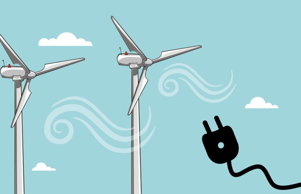 Ilustración de turbinas eólicas y enchufe simbolizando energía limpia viento 1.
